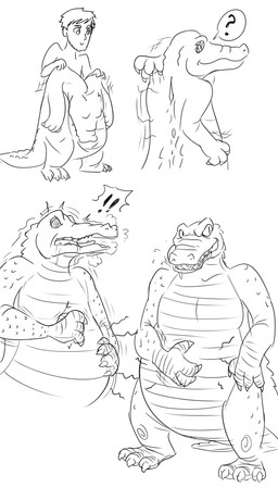 anthro belly belly_rub big_belly bodily_fluids clothing costume drooling exclamation_point licking licking_lips male question_mark saliva solo species_transformation spiral spiral_eyes suit suit_transformation tongue tongue_out transformation furii alligator alligatorid crocodilian human mammal reptile scalie 2014 black_and_white hi_res line_art monochrome