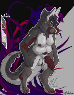 abstract_background animal_genitalia anthro armpit_hair ball_tuft balls bared_teeth belly blood blood_splatter bodily_fluids body_hair breasts canine_genitalia cybernetics ears_up genitals gynomorph hair intersex machine multi_eye nipples piercing pubes purple_hair sheath solo tail teeth text tongue tuft visor millievonpuppo protogen absurd_res hi_res shaded signature