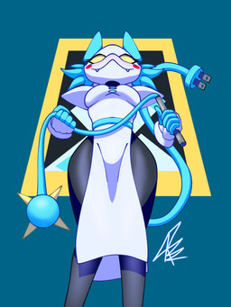 anthro blue_hair blush breasts fangs female hair holding_object holding_whip looking_at_viewer low-angle_view machine smile solo standing teeth whip yellow_eyes arkell_art deltarune undertale_(series) tasque_manager android darkner domestic_cat felid feline felis mammal robot 3:4 hi_res