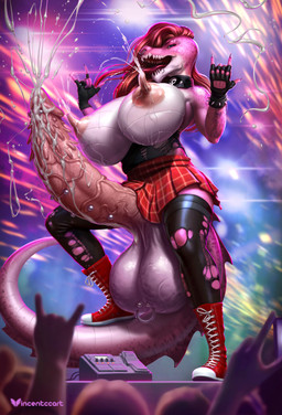 alternative_fashion animal_genitalia anthro balls big_breasts big_penis bodily_fluids bottomwear breasts choker clothing concert crowd cum cumshot ejaculation exhibitionism feline_genitalia fireworks genital_fluids genitals gloves goth group growth gynomorph handwear huge_breasts huge_penis hyper hyper_breasts hyper_genitalia hyper_penis intersex jewelry lactating legwear long_nipples milk necklace nipples nude penis piercing public public_exposure punk rock show skirt slightly_chubby solo tights vincentcc nilee_(morphide) crocodile crocodilian reptile scalie absurd_res hi_res