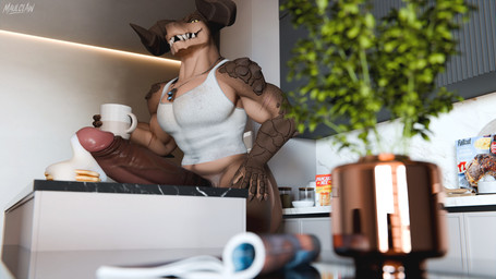 2_horns abs anthro appliance baking_soda beverage biceps big_muscles big_pecs big_penis bodily_fluids book bottle bottomless bottomless_male brown_body brown_fur brown_scales carton chair claws clothed clothing coffee container cooking_with_cum cookware counter cum cum_on_food cup dog_tags dominant egg empty_bottle erection food foreskin frying_pan fur furniture genital_fluids genitals glowing glowing_eyes groceries grocery_bag hand_on_hip happy holding_object horn huge_muscles huge_penis humanoid_genitalia humanoid_penis hyper hyper_genitalia hyper_penis inside jewelry kitchen kitchen_appliance kitchen_cabinet kitchen_counter kitchen_stove kitchen_utensils light logo looking_at_viewer magazine male manly milk muscular muscular_anthro muscular_arms muscular_male muscular_thighs necklace nipples pancake pecs penis plant retracted_foreskin scales seductive sharp_teeth shirt smile solo spikes stove syrup table tail tank_top teeth thick_arms thick_cumshot thick_thighs tongue tools topwear waist yellow_sclera maulclaw vulgarvictor_(modeler) bethesda_game_studios fallout microsoft obsidian_entertainment daddyclaw_(vulgarvictor) deathclaw mammal monster reptile scalie 16:9 2026 3d_(artwork) artist_logo blender_(artwork) colored comic cover digital_media_(artwork) hi_res magazine_cover wallpaper watermark widescreen