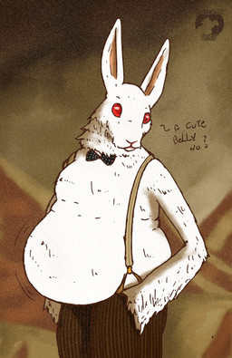 ambiguous_gender anthro belly black_tie_(suit) clothing creepy red_eyes solo suit text white_arms white_belly white_body white_ears yauhasart lagomorph leporid mammal rabbit 2025 english_text watermark