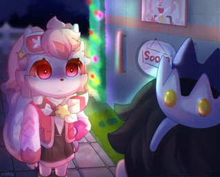 ambiguous_gender anthro clothed clothing detailed_background duo eyewear eyewear_on_head female fur glasses glasses_on_head hair hole_in_wall jacket looking_at_viewer night pink_body star topwear white_body white_fur fu_kawa mihoyo petit_planet elsasani_(petit_planet) lagomorph leporid mammal rabbit absurd_res digital_media_(artwork) hi_res