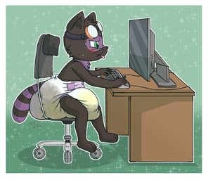 3_toes 5_fingers anthro black_body black_fur black_nose blush bodily_fluids border chair clothed clothing computer computer_keyboard computer_mouse desk diaper electronics eyewear feces feet fingers fur furniture gaming_chair genital_fluids goggles green_eyes male markings monitor office_chair pooping scatplay sitting soiled_diaper soiling soiling_diaper solo striped_markings striped_tail stripes sweat table tail tail_markings toes tongue tongue_out unclean_diaper urine used_diaper wearing_diaper wet_diaper wetting whiskers white_border young tenerius mammal procyonid raccoon 2020 hi_res