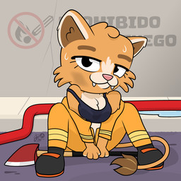 anthro axe bodily_fluids bra clothed clothed_anthro clothed_female clothing female fire_axe firefighter firefighter_uniform fluffy fluffy_chest looking_at_viewer seductive sports_bra sweat tail underwear uniform dm29 evita_fuegos felid lion mammal pantherine 1:1 2025 signature