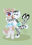 ambiguous_gender anthro baby diaper duo hug pacifier young wuta-tumaki canid canine canis felid mammal pantherine tiger wolf absurd_res hi_res