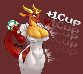 1-up_mushroom anthro big_breasts biped breast_expansion breasts butt clothed clothed_anthro clothed_female clothing crown expansion female female_anthro fungus headgear hip_expansion horn jewelry mushroom red_body red_scales scales solo three-quarter_view tight_clothing torn_clothing yellow_eyes ksatti mario_bros mythology nintendo dragon_peach draconid dragon mythological_creature mythological_scalie scalie 2024 digital_drawing_(artwork) digital_media_(artwork) hi_res shaded signature soft_shading