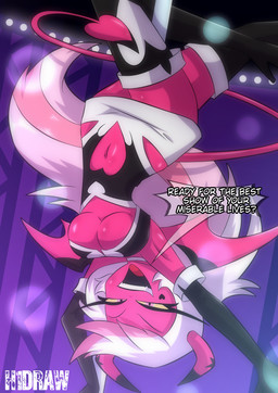 2_horns abstract_background armwear bat_wings big_breasts black_clothing black_gloves black_handwear breasts clothing dancing dialogue dress elbow_gloves eyelashes female glistening glistening_body glistening_skin gloves hair handwear highlights_(coloring) horn legwear long_hair long_tail looking_at_viewer membrane_(anatomy) membranous_wings multicolored_hair navel open_mouth open_smile pink_body pink_eyes pink_hair pink_highlights pink_skin pole pole_dancing smile solo spade_tail stripper_pole tail talking_to_viewer text thigh_highs two_tone_hair under_boob white_hair wings yellow_sclera h1draw hellaverse helluva_boss verosika_mayday demon demon_humanoid horned_humanoid humanoid tailed_humanoid winged_humanoid 2025 absurd_res artist_name digital_drawing_(artwork) digital_media_(artwork) english_text hi_res watermark