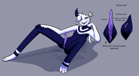 3_toes animal_genitalia arm_tuft black_eyeshadow chest_tuft circle_eyebrows crown erection eyebrows eyelashes eyeshadow feet fingers flesh_fang floating_crown floating_horn fur genitals glistening glistening_eyelids glistening_genitalia glistening_penis glistening_vulva grey_background hair hand_on_chin hand_on_knee hand_on_leg headgear heart_pupils horn inner_labia intersex leg_markings lips long_ponytail looking_at_viewer lying makeup maleherm markings missing_tooth nude nude_humanoid on_back open_mouth paws penis penis_tip ponytail presenting presenting_penis presenting_vulva purple_eyes purple_inner_labia purple_penis purple_tongue purple_vulva sheath shoulder_tuft simple_background smile socks_(marking) solo spread_legs spreading striped_markings stripes teeth text thick_bottom_lip toes tongue tuft unusual_anatomy unusual_genitalia vulva conditional_dnp moonlit-comet charm_(keeveehart) circlehead horned_humanoid humanoid 2026 cel_shading english_text hi_res shaded nonbinary_(lore)