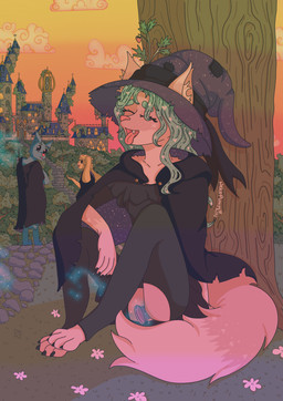 anthro castle cloak clothed clothing detailed_background dildo eyes_closed fangs female fur grass green_hair group hair hat headgear headwear magic_user magic_wand male male/female masturbation outside outside_masturbation paws pink_body pink_fur pink_nose plant public public_masturbation sex_toy sparkles sunset teeth tongue tongue_out tree trio witch witch_hat nekopumpkin kiki_(nekopumpkin) canid canine canis fox lagomorph leporid mammal wolf absurd_res hi_res