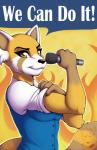 anthro clothed clothing electronics female fur microphone propaganda simple_background solo text blitzy-arts aggretsuko sanrio we_can_do_it! retsuko rosie_the_riveter ailurid mammal red_panda 2018 digital_media_(artwork) hi_res