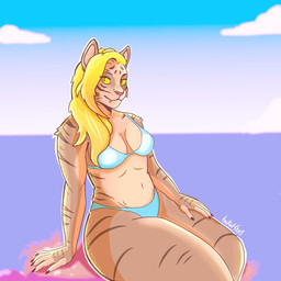 5_fingers abs anthro beach bikini blonde_hair blue_bikini blue_clothing blue_swimwear breasts brown_body brown_claws brown_finger_claws brown_stripes claws clothing day female finger_claws fingerless_(marking) fingers hair looking_at_viewer navel sea sitting sky smile snaggle_tooth solo striped_body stripes swimwear text thick_thighs two-piece_swimsuit water wide_hips yellow_eyes yellow_sclera taikat bethesda_game_studios microsoft skyrim the_elder_scrolls felid feline khajiit mammal pantherine tiger 1:1 artist_name cel_shading digital_media_(artwork) halftone hi_res shaded