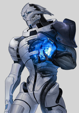 3_fingers armor bionic_arm bionics biotics blue_eyes clothed clothed_male clothing cybernetic_arm cybernetic_limb fingers male simple_background solo standing leafjuly bioware electronic_arts mass_effect saren_arterius alien turian absurd_res colored hi_res portrait three-quarter_portrait