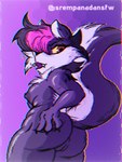 anthro artifact breasts butt chromatic_aberration female film_grain fur genitals hair hand_on_butt highlights_(coloring) multicolored_body multicolored_fur nude presenting presenting_hindquarters purple_body purple_eyes pussy solo two_tone_body two_tone_fur vhs_filter yellow_sclera sr_empanada indigo_park salem_the_skunk mammal mephitid skunk 3:4 nonbinary_(lore)