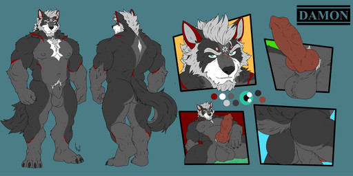 animal_genitalia animal_penis anthro balls beard biped butt canine_genitalia canine_penis clothing erection facial_hair genitals knot male mature_male muscular muscular_anthro muscular_male nipples nude penis sheath simple_background solo underwear hunterramirez damon_(karlwolf) canid canine canis mammal wolf 2025 hi_res model_sheet