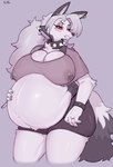 anthro belly big_belly big_breasts black_body black_fur blush bodily_fluids bottomwear bracelet breasts camel_toe cleavage clothed clothing collar countershading curvy_figure digit_ring ear_piercing female fingers fur grey_background grey_hair hair hand_on_belly hotpants jewelry kemono lactating lactating_through_clothing long_hair midriff multicolored_body multicolored_fur narrowed_eyes nipple_outline piercing pregnant pregnant_anthro pregnant_female red_sclera ring shirt shorts simple_background solo spiked_collar spikes standing thick_thighs topwear two_tone_body two_tone_fur voluptuous wedding_ring wet wet_clothing wet_shirt wet_topwear white_body white_eyes white_fur sususuigi helluva_boss mythology loona_(helluva_boss) canid canid_demon canine demon hellhound mammal mythological_canine mythological_creature digital_media_(artwork) hi_res portrait shaded signature three-quarter_portrait