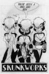 anthro breasts clothing costume female group nipple_piercing nipples piercing james_m_hardiman lori_(jmh) natasha_(jmh) onyx_(jmh) mammal mephitid skunk black_and_white monochrome traditional_media_(artwork)