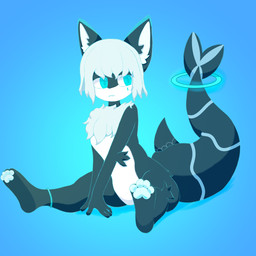 anthro belly blue_eyes blue_pawpads female grey_body markings pawpads ring_(marking) ringed_tail sitting solo striped_markings striped_tail stripes tail tail_markings white_belly xiguan(whitefoxcedar) whitefoxcedar animal_humanoid aquatic aquatic_humanoid humanoid 1:1 blue_and_white hi_res monochrome