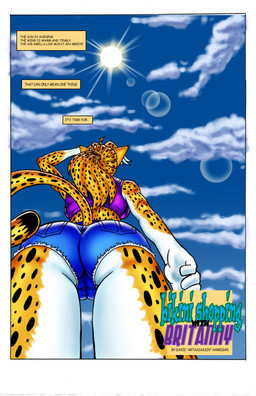 anthro border bottomwear butt clothing day dialogue female fur hair looking_up low-angle_view markings midriff outside shorts sky solo spots spotted_body spotted_fur spotted_hair sun text white_border worm's-eye_view david_harrigan gold_digger brittany_diggers cheetah felid feline mammal 2005 english_text
