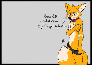 andromorph anthro barely_visible_genitalia barely_visible_vulva blush body_blush clothed clothing collar cute_fangs fangs fur genitals hand_on_hip intersex intersex/intersex intersex/male looking_down male markings nude orange_body partially_clothed presenting red_collar shy simple_background solo tail tail_between_legs tan_body tan_fur teeth text tongue tongue_out underwear underwear_down vulva whiskers worried_face raposanaranja chris_(raposanaranja) canid canine fox mammal absurd_res english_text hi_res
