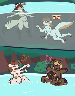 anthro belly big_belly big_breasts bodily_fluids breast_expansion breasts butt butt_expansion expansion female forest group huge_belly huge_breasts hyper hyper_belly hyper_breasts lactating nude plant pond pregnant rapid_pregnancy thick_thighs tree trio wet wide_hips nokamiwd nintendo pokemon bam_(khainethewolf) jazz_(khainethewolf) kaya_(khainethewolf) african_wild_dog canid canine domestic_cat felid feline felis generation_3_pokemon linoone mammal pokemon_(species) shiny_pokemon absurd_res hi_res