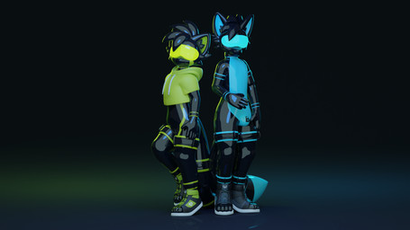 anthro black_latex blue_latex bulge chastity_bulge chastity_device clothing collar cropped_hoodie drone duo female footwear green_clothing green_hoodie green_latex green_topwear hoodie latex latex_clothing latex_skinsuit lock_bulge male multicolored_clothing multicolored_skinsuit null_bulge shoes skinsuit tail tight_clothing toeless_footwear toeless_shoes topwear two_tone_clothing two_tone_skinsuit visor jinxit pocky_(jinxit) ailurid mammal red_panda 16:9 2025 3d_(artwork) digital_media_(artwork) hi_res widescreen