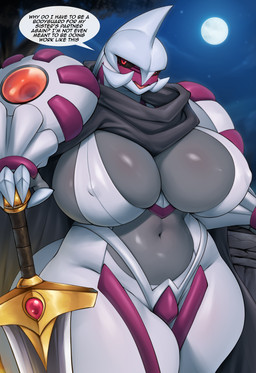 anthro big_breasts biped breasts clothed clothing dialogue female grey_body looking_at_viewer melee_weapon moon navel night nipple_outline solo speech_bubble sword text thick_thighs weapon wide_hips mleonheart nintendo pokemon generation_4_pokemon legendary_pokemon palkia pokemon_(species) english_text hi_res