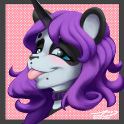 black_body black_fur blue_eyes blush blush_lines border choker facial_piercing fur grey_border hair horn jewelry necklace pattern_background piercing pink_tongue purple_hair simple_background solo tongue tongue_out white_body white_fur idlepotoo lacie-kae_vanity aquatic bear cetacean giant_panda hybrid mammal monodontid narwhal toothed_whale 1:1 2021 absurd_res digital_media_(artwork) hi_res icon signature