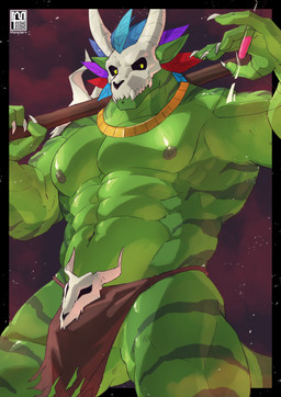 abs anthro bone bone_mask bottomwear bulge clothed clothing erlenmeyer_flask feathered_headdress green_body holding_object holding_staff holding_vial jewelry laboratory_equipment laboratory_glassware logo loincloth male mask muscular muscular_anthro muscular_male muscular_thighs navel necklace nipples pecs scientific_instrument skull skull_accessory skull_mask solo staff tail topless topless_anthro topless_male tribal tribal_clothing vial yellow_eyes monsterplus terraria witch_doctor_(terraria) lihzahrd lizard reptile scalie 2026 absurd_res artist_logo digital_media_(artwork) hi_res portrait three-quarter_portrait