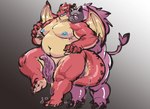 anthro belly blush duo fur horn licking long_tongue male male/male moobs navel nipples nude overweight purple_body purple_fur red_body scar tongue wings exe_exem mythology tamacolle oumi_(tamacolle) dragon mammal mythological_creature mythological_scalie scalie suid suina sus_(pig) wild_boar