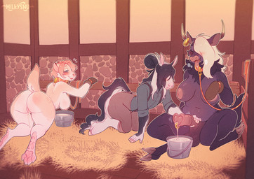 animal_genitalia animal_penis anthro balls barn big_balls big_breasts big_butt black_body black_fur black_hair bodily_fluids breast_milking breasts brown_body brown_fur bucket butt cheek_tuft chest_tuft clothed clothed_anthro clothed_male clothing collar container cum cum_drip dripping equine_genitalia equine_penis facial_tuft farm female female_anthro fur genital_fluids genitals gloves gynomorph hair handwear hooves intersex lactating leash leashed_collar long_hai male markings mayvi_(triplecorne) milk milk_bucket milk_container milking_breasts milking_cum multicolored_body multiple_piercings neck_markings neck_tuft nipples nude nude_anthro nude_female orange_body orange_fur orange_hair pawpads paws penile penis penis_milking piercing salmon_fur salmon_hair short_hair thick_thighs tuft vaginal_fluids vulva white_body white_fur white_hair wide_hips milkyshu jack_(milkyshu) shurya_(shuryashish) bovid bovine cattle dasyurid dasyuromorph equid equine horse mammal marsupial tasmanian_devil absurd_res hi_res