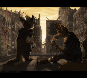 anthro armor black_bars building cigarette city clock clothing cloud duo hair male outside piercing post-apocalyptic rubble ruins sitting sky smoking watch fighterjet fallout microsoft lux_(character) canid canine fox mammal 2013 letterbox