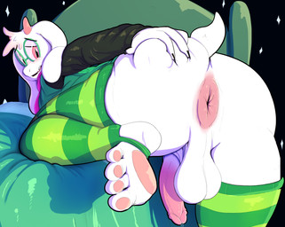 4_toes anthro anus backsack balls barefoot big_butt blush butt clothed clothing eyewear feet femboy from_behind_position fur genitals glasses green_clothing green_legwear green_stockings hindpaw horn humanoid_genitalia humanoid_penis legwear male open_mouth pawpads paws penis perineum pince-nez pink_anus pink_eyes pink_pawpads plantigrade presenting presenting_hindquarters puffy_anus raised_leg raised_tail robe round_glasses saggy_balls scarf sex soles solo spread_butt spreading stirrup_legwear stockings stripes tail thick_thighs tockings toes white_balls white_body white_fur white_perineum chowdie deltarune undertale_(series) ralsei bovid caprine darkner goat mammal monster 2023 hi_res