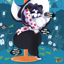 anthro bedroom_eyes big_breasts big_butt black_body black_fur black_hair bodily_fluids breasts butt cleavage clothed clothing crowd curvy_figure detailed_background dialogue drooling eyelashes eyeshadow falling_money female freckles fur group hair hands_behind_head hourglass_figure huge_breasts huge_butt lips looking_at_viewer makeup male midriff money multicolored_body multicolored_fur narrowed_eyes navel pole saliva seductive shirt simple_eyes smile standing strip_club stripper stripper_pole talking_to_viewer teeth text thick_thighs tied_shirt tongue tongue_out topwear under_boob voluptuous white_body white_fur wide_hips inkit89 babiee_lou_(inkit89) bear canid canine canis domestic_cat domestic_dog felid feline felis human lagomorph leporid mammal mephitid rabbit skunk 1:1 2021 absurd_res digital_media_(artwork) english_text hi_res