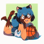 1:1 5_fingers 5_toes anthro ball barefoot basketball_(ball) blue_hair bottomwear brand_new_animal brown_body brown_fur calves_up canid canine claws clothed clothing crossed_ankles crossed_legs digital_media_(artwork) dolphin_shorts enigma_(artist) feet female female_anthro fingers fur gloves_(marking) hair hand_on_face hi_res holding_object humanoid_feet inflatable kemono leg_markings looking_at_viewer lying mammal markings michiru_kagemori on_front open_mouth open_smile plantigrade raccoon_dog shirt short_hair shorts simple_background smile smiling_at_viewer socks_(marking) soles solo studio_trigger tank_top tanuki teeth text the_pose toes tongue topwear