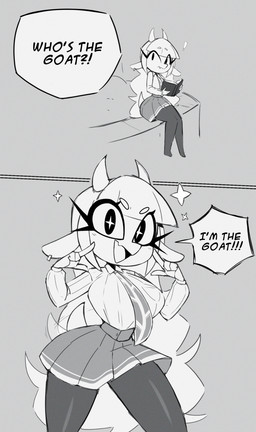 2_panel_comic anthro big_breasts book bottomwear breasts clothed clothing collared_shirt dialogue ear_piercing exclamation_point eyelashes female fur gesture hair hand_gesture horn huge_breasts legwear long_eyelashes long_hair looking_at_viewer necktie offscreen_character open_book open_mouth piercing pointing pointing_at_self reading reading_book shirt simple_background sitting skirt small_waist smile solo sparkles sparkling_eyes speech_bubble tail tail_motion tailwag text thick_thighs topwear wasp_waist white_body white_hair nelljoestar molly_(nelljoestar) bovid caprine goat mammal 2025 absurd_res comic digital_media_(artwork) english_text hi_res monochrome