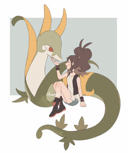 ambiguous_gender blush blush_lines bottomwear brown_hair clothing denim denim_bottomwear denim_clothing denim_shorts duo eyes_closed female feral footwear green_body hair open_mouth red_eyes shoes shorts simple_background sitting size_difference tail himetya105 nintendo pokemon hilda_(pokemon) generation_5_pokemon human mammal pokemon_(species) reptile scalie serperior snake 2025 hi_res signature