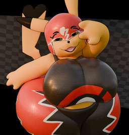 anthro big_breasts black_ear_tips breasts clothing cosplay_pikachu_(costume) dipstick_ears ear_markings female female_anthro huge_breasts huge_thighs markings mask multicolored_ears open_mouth open_smile smile solo tail thick_thighs wearing_mask wide_hips yellow_body anaroth nintendo pokemon pikachu_libre generation_1_pokemon pikachu pokemon_(species) 3d_(artwork) digital_media_(artwork) hi_res