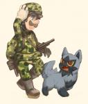 ambiguous_gender black_body black_fur blue_eyes boots brown_hair camo camo_print clothing duo facial_hair feral footwear fur gloves grey_body grey_fur gun hair handwear male military military_uniform mustache ranged_weapon red_eyes scar shoes short_hair simple_background soldier uniform warrior weapon white_background uroad7 mario_bros nintendo pokemon luigi canid canine generation_3_pokemon human mammal pokemon_(species) poochyena 2016 crossover hi_res