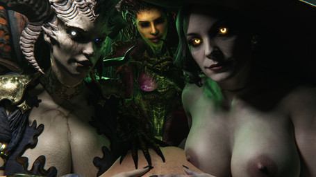 areola armor big_breasts breasts claws cleavage clothed clothing cowgirl_position dress exoskeleton female female_on_top from_front_position glowing glowing_eyes group hat headgear headwear horn huge_breasts interspecies looking_at_viewer male male/female medium_breasts nipples on_bottom on_top sex dbgret blizzard_entertainment capcom resident_evil starcraft alcina_dimitrescu lilith_(diablo) sarah_kerrigan alien demon demon_humanoid horned_humanoid human humanoid mammal zerg zerg_queen_(starcraft) absurd_res hi_res