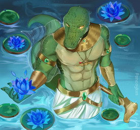 abs ankh anthro armband armlet armor blue_water body_armor bottomwear cape claws clothing countershade_torso countershading crotch_lines cuffs_(object) finger_claws flower gem glint jewelry long_tail lotus_(flower) male muscular muscular_anthro muscular_male necklace partially_submerged pecs plant scales sharp_teeth skirt snout solo staff tail teeth translucent translucent_clothing water cay_anselmo sobek crocodile crocodilian reptile scalie signature watermark