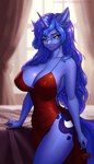 anthro anthrofied big_breasts blue_body blue_eyes blue_fur blue_hair breasts cleavage clothed clothing cosmic_hair cutie_mark dress ethereal_hair eyebrow_through_hair eyebrows eyelashes female flower fur glistening hair holding_flower holding_object holding_rose horn inside long_hair looking_at_viewer plant red_clothing red_dress rose_(flower) smile solo translucent translucent_hair hellcat120 friendship_is_magic hasbro my_little_pony mythology princess_luna_(mlp) equid equine mammal mythological_creature mythological_equine unicorn 2023 hi_res portrait three-quarter_portrait