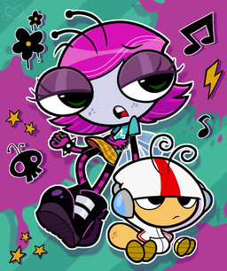 4_arms 4_toes antennae_(anatomy) anthro big_eyes black_boots black_clothing black_footwear blue_clothing blue_shirt blue_t-shirt blue_topwear boots bottomwear bracelet clothing duo eyelashes feet female fingerless_gloves footwear freckled_face freckles glistening_eyelids gloves grey_body grey_headphones grey_skin hair half-closed_eyes handwear hoodie jewelry legwear long_eyelashes male multi_arm multi_limb narrowed_eyes orange_bottomwear orange_clothing orange_skirt pattern_clothing pattern_footwear pattern_legwear pattern_socks pink_clothing pink_fingerless_gloves pink_footwear pink_gloves pink_hair pink_handwear pink_socks red_stripes shirt shoes skirt socks spiked_bracelet spikes striped_clothing striped_footwear striped_socks stripes t-shirt tan_body tan_skin toes topwear white_clothing white_hoodie white_topwear yellow_boots yellow_clothing yellow_footwear mags-niac disney kick_buttowski:_suburban_daredevil the_buzz_on_maggie kick_buttowski maggie_pesky ant arthropod fly_(animal) hymenopteran insect 2026 crossover hi_res