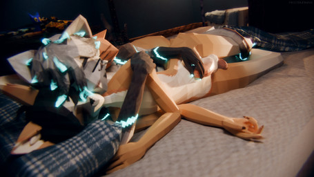 anthro balljob balls bed_sheet bedding bedroom black_claws black_hair blue_claws blue_hair_tips blue_markings bodily_fluids claws dark_markings dripping duo eyes_closed facial_markings facial_tuft femboy femboy/femboy fluffy fluffy_hair fluffy_hips fur genital_fluids genitals glowing glowing_claws glowing_hair_tips glowing_markings gradient_penis grey_body grey_fur grey_hair hair head_markings hip_tuft holding_penis hug hugging_another hugging_from_behind inner_ear_fluff low_poly male male/male markings night penis precum precum_drip precum_on_hand precum_on_leg precum_on_penis sex sleep_sex sleeping stroking_penis tail tail_coil tan_body tan_fur thigh_sex tip_tease tuft warm_lighting white_body white_fur yellow_body yellow_fur pestbudmax cali_(nastycalamari) max_(pestbudmax) canid canine domestic_cat felid feline felis fennec_fox fox mammal true_fox 16:9 3d_(artwork) chromatic_aberration digital_media_(artwork) hi_res warm_colors widescreen
