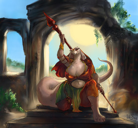 anthro belly big_belly big_breasts big_tail breasts dominant dominant_female female frill_(anatomy) light magic_user obese obese_anthro obese_female overweight overweight_anthro overweight_female ruins solo staff sunlight tail silkyfangs zihl_(cokotheschnoot) lizardman scalie absurd_res hi_res
