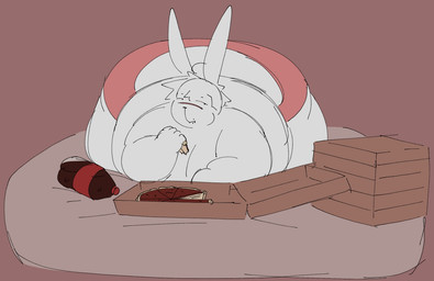 anthro bed belly beverage_bottle big_belly big_butt bottle box butt clothed clothing container crumbs deep_dish_pizza eating fat_arms food furniture lying male morbidly_obese morbidly_obese_anthro morbidly_obese_male obese obese_anthro obese_male on_bed on_front overweight overweight_anthro overweight_male pizza pizza_box simple_background soda_bottle solo underwear underwear_only calebcorduroy desmond_(calebcorduroy) lagomorph leporid mammal rabbit