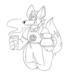 anthro apron beverage bottomwear clothing coffee coffee_cup coffee_mug container cup fur furry_tail male pants pointy_ears shirt smile snout solo steam tail topwear waiter boot_(artist) nintendo star_fox fox_mccloud canid canine fox mammal 2022 monochrome sketch
