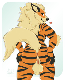 animal_genitalia anthro anus backsack balls black_nose black_stripes blue_eyes butt eyelashes fluffy fur genitals hand_on_butt hand_on_own_butt heart_symbol herm intersex looking_at_viewer looking_back looking_back_at_viewer maleherm markings orange_body orange_fur pokemorph presenting presenting_anus presenting_hindquarters presenting_vulva raised_tail rear_view sheath simple_background smile snout solo striped_body striped_fur striped_markings stripes tail tan_body tan_fur vulva white_background kwik_(artist) nintendo pokemon arcanine generation_1_pokemon pokemon_(species) 2020 colored digital_drawing_(artwork) digital_media_(artwork) shaded