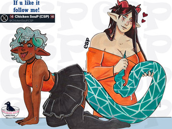 5_fingers ahegao all_fours aroused big_breasts big_tail blind_eye blue_body blue_eyes blue_scales blush blush_lines bodily_fluids bottomwear breast_size_difference breasts butt clothing dark_body dark_skin dominant dominant_female dragon_tail dripping duo erect_nipples eyes_up female female/female fingers flat_chested genital_fluids genitals hair head_tuft heart_eyes heart_symbol horn humanoid_pointy_ears kneeling light_body light_skin long_tail looking_pleasured looking_up nipple_outline nipples open_mouth pointy_ears red_eyes saliva saliva_drip scales scar simple_background sitting size_difference skirt smaller_female smile submissive sweat sweatdrop tail tail_fetish tail_grab tail_play teasing text thick_thighs tongue tongue_out tuft chicken_soup_(artist) mythology julya_(chicken_soup) margaret_(chicken_soup) margaret_(oc) animal_humanoid dragon dragon_humanoid horned_humanoid humanoid hybrid mammal mythological_creature mythological_scalie scalie scalie_humanoid 2025 4:3 colored digital_drawing_(artwork) digital_media_(artwork) english_text hi_res signature traditional_media_(artwork) watermark