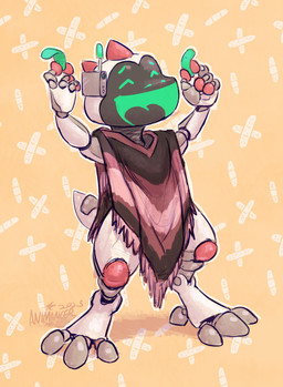 anthro bandage clothed clothing digitigrade front_view happy machine partially_clothed poncho simple_background solo standing animancer mario_bros nintendo y2_(y2k4y) robot robot_anthro yoshi 2025 colored_sketch hi_res sketch